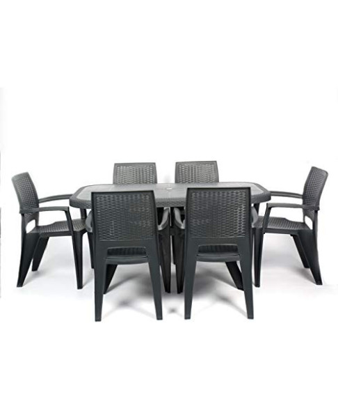 Conjunto Mesa Caribe Rectangular + 6 Sillas Caribe De Resina - Antracita