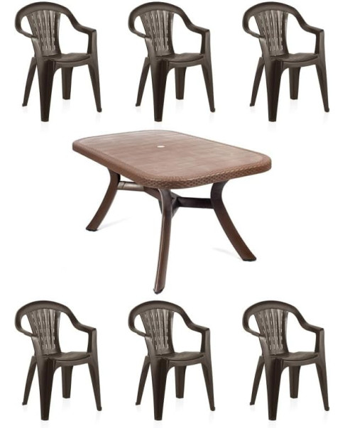 Conjunto Mesa Caribe Luxe Rectangular + 6 Sillas Ambassador de Resina (Chocolate)