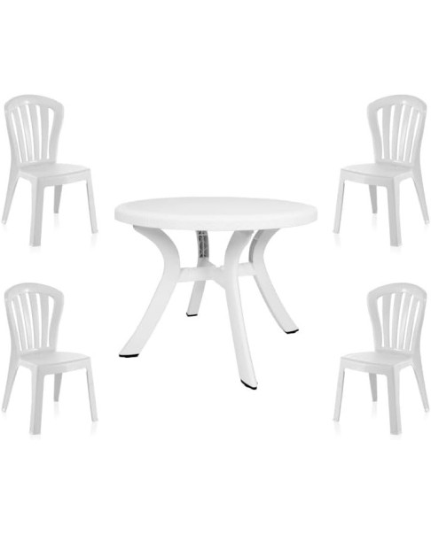 Conjunto Mesa Caribe Redonda + 4 Sillas Gala de Resina (Blanco)