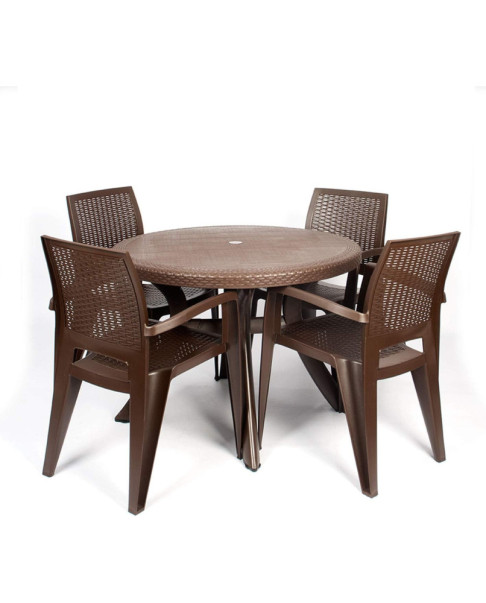 Conjunto Mesa Caribe Redonda + 4 Sillas Caribe de Resina - Chocolate