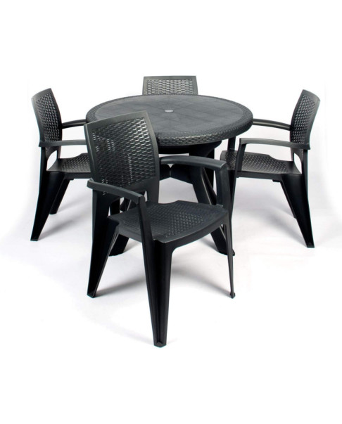 Conjunto Mesa Caribe Redonda + 4 Sillas Caribe de Resina - Antracita