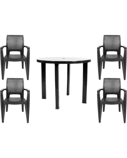 Conjunto Mesa Viana Redonda + 4 Sillas Caribe de Resina - Antracita