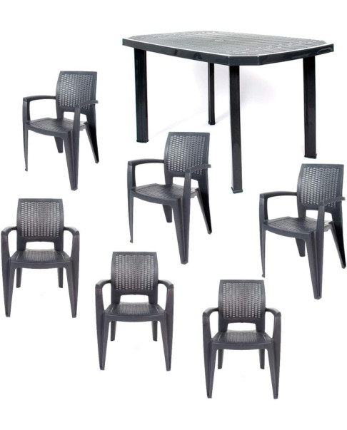 Conjunto Mesa Viana Rectangular + 6 Sillas Caribe de Resina - Antracita
