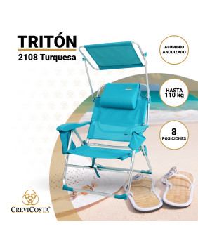TRITÓN 2108 - Silla de playa con toldo y nevera incorporada. 8 Posiciones (Turquesa)