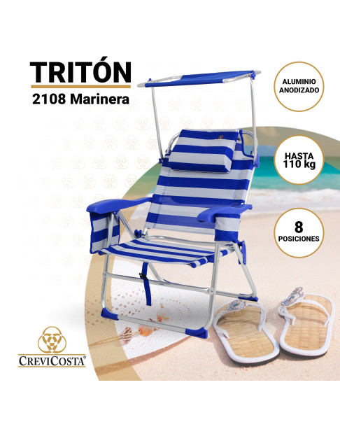TRITÓN 2108 - Silla de playa con toldo y nevera incorporada. 8 Posiciones (Marinera)