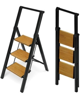 Escalera de aluminio y hierro sin mango (negro-madera) 3 peldaños Maya