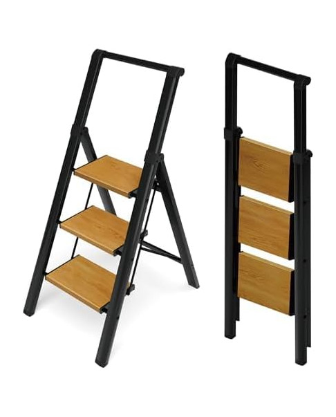 Escalera de aluminio y hierro sin mango (negro-madera) 3 peldaños Maya