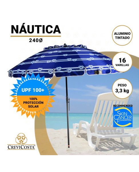 NÁUTICA 240 cm con Espiral y Poste de Recorrido Total. 16 Varillas. PROTECCIÓN Total contra los Rayos UV