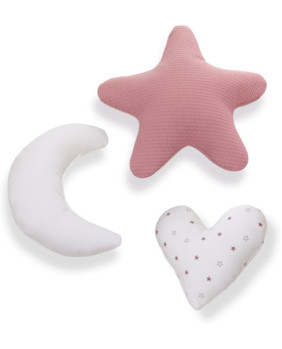 Set de 3 cojines bebé formas corazón, estrella y luna