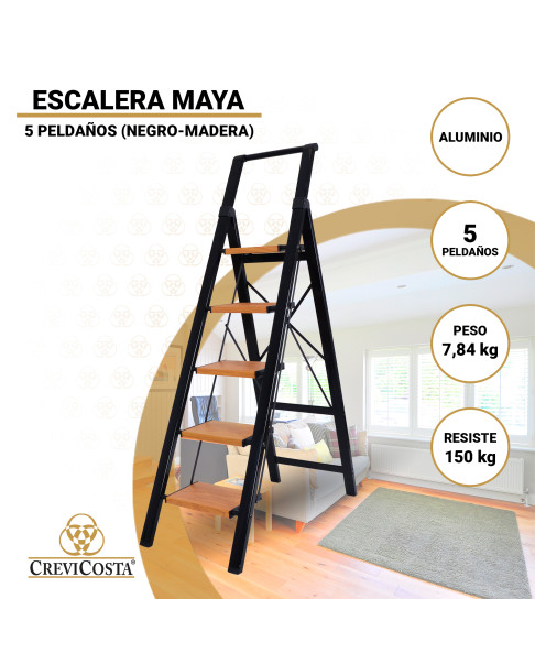 Escalera Aluminio con Mango (negro-madera) 5 peldaños Maya
