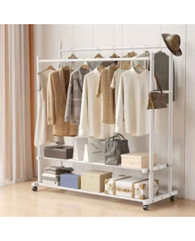 Perchero de Ropa Doble, Organizador de Ropa Metálico con Ruedas y 2 Estantes Inferiores, 109x45x158cm Blanco
