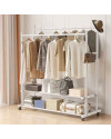 Perchero de Ropa Doble, Organizador de Ropa Metálico con Ruedas y 2 Estantes Inferiores, 109x45x158cm Blanco