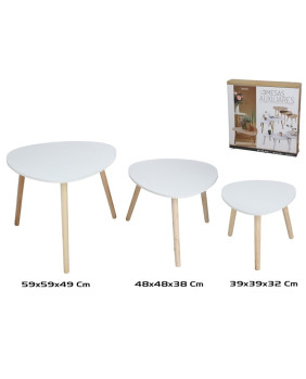 SET 3 MESAS AUXILIARES MADERA + MDF DARREN 59 x 59 x 49 cm BLANCO + PINO