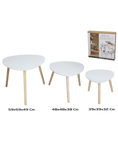 SET 3 MESAS AUXILIARES MADERA + MDF DARREN 59 x 59 x 49 cm BLANCO + PINO