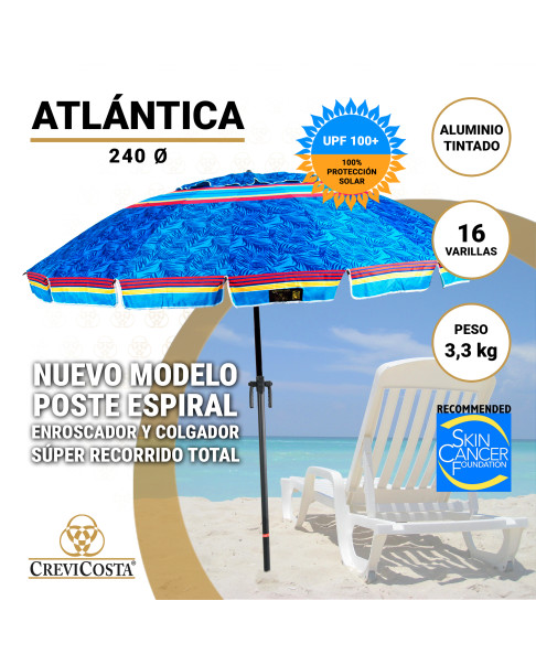 Sombrilla ATLÁNTICA 240 cm - Sombrilla con Espiral y NUEVO poste especial enroscador y colgador. 16 Varillas.