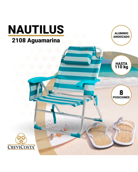NAUTILUS 2108 - Silla de playa plegable con NUEVO cojín ergonómico y NUEVA nevera incorporada. 8 Posiciones (Aguamarina)