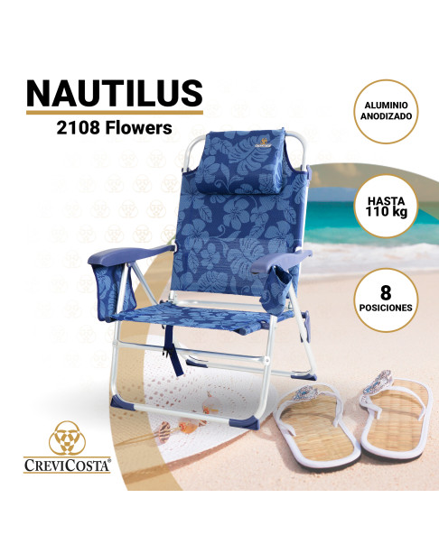 NAUTILUS 2108 - Silla de playa plegable con NUEVO cojín ergonómico y NUEVA nevera incorporada. 8 Posiciones (Flowers)