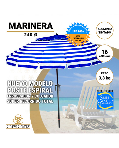 Sombrilla MARINERA 240 cm - Sombrilla con Espiral y NUEVO poste especial enroscador y colgador. 16 Varillas.