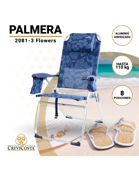 PALMERA 2081-3 NEW Flowers - Silla de playa plegable con NUEVO cojín ergonómico y NUEVA nevera incorporada.