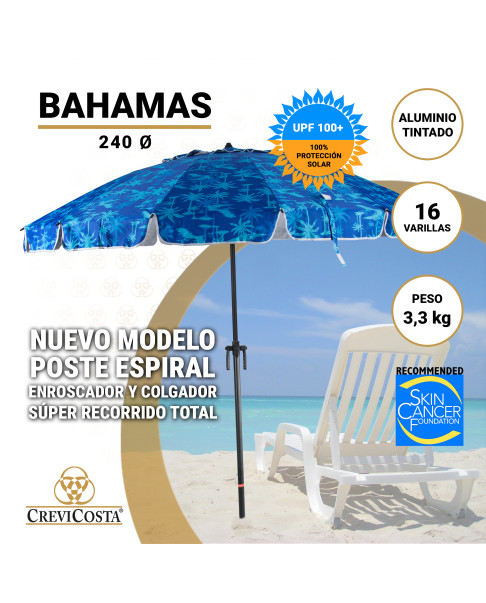 Sombrilla BAHAMAS 240 cm - Sombrilla con Espiral y NUEVO poste especial enroscador y colgador. 16 Varillas.