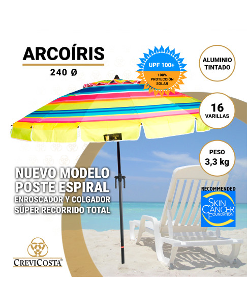 Sombrilla ARCOÍRIS 240 cm - Sombrilla con Espiral y NUEVO poste especial enroscador y colgador. 16 Varillas.