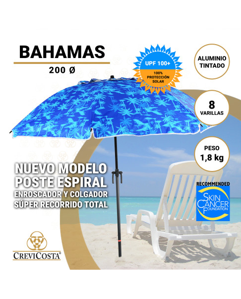Sombrilla BAHAMAS 200 cm - Sombrilla con Espiral y NUEVO poste especial enroscador y colgador. 8 Varillas.
