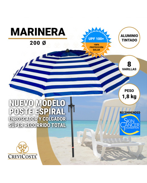 Sombrilla MARINERA 200 cm - Sombrilla con Espiral y NUEVO poste especial ENROSCADOR Y COLGADOR. 8 Varillas.