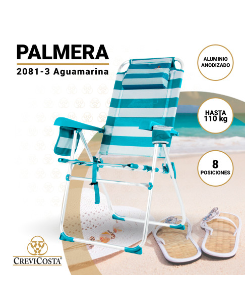 PALMERA 2081-3 NEW Aguamarina - Silla de playa plegable con NUEVO cojín ergonómico y NUEVA nevera incorporada.