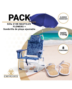 PACK Silla de Playa NAUTILUS 2108 (Flowers) + Sombrilla Nylon pequeña