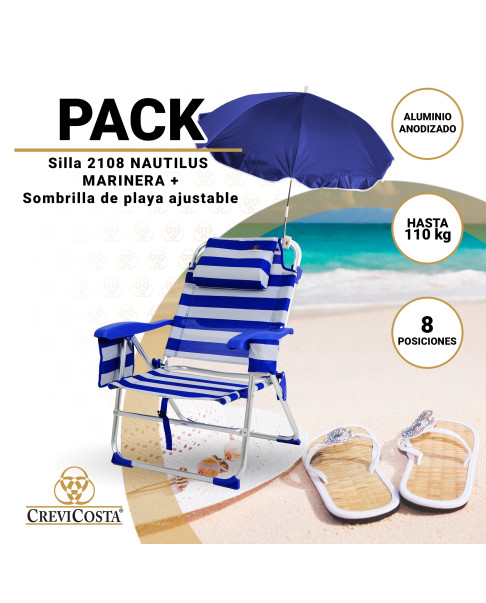 PACK Silla de Playa NAUTILUS 2108 (Marinera) + Sombrilla Nylon pequeña