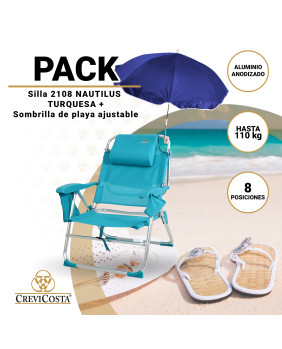 PACK Silla de Playa NAUTILUS 2108 (Turquesa) + Sombrilla Nylon pequeña